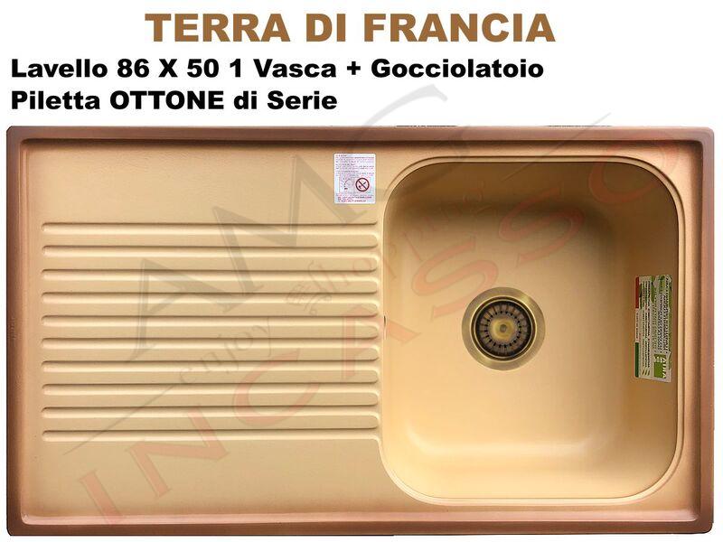 Lavello Cucina Futura 1 Vasca cm. 86X50 Duralast Terra di Francia Piletta Ottone