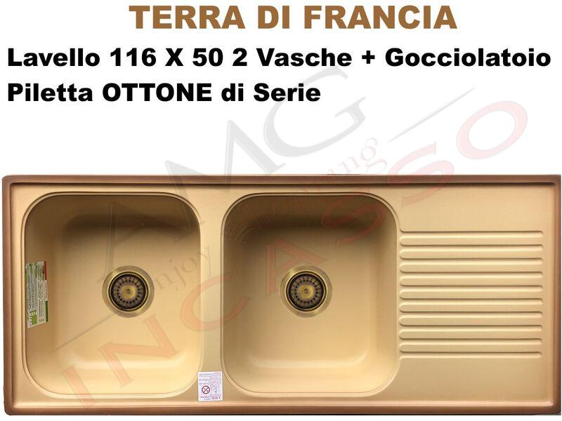 Lavello Cucina Futura 2 Vasche cm.116X50 Duralast Terra di Francia con Pilette Ottone