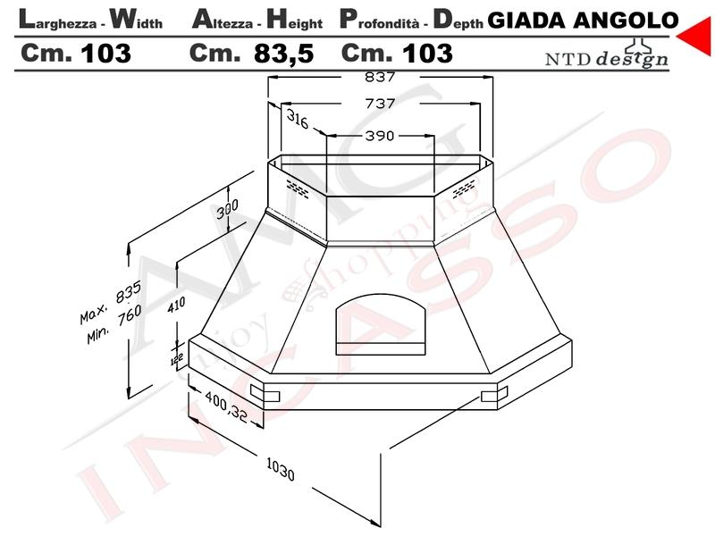 Cappa Angolo Giada 103X103 Con Trave Legno Massello Frassino Grezzo