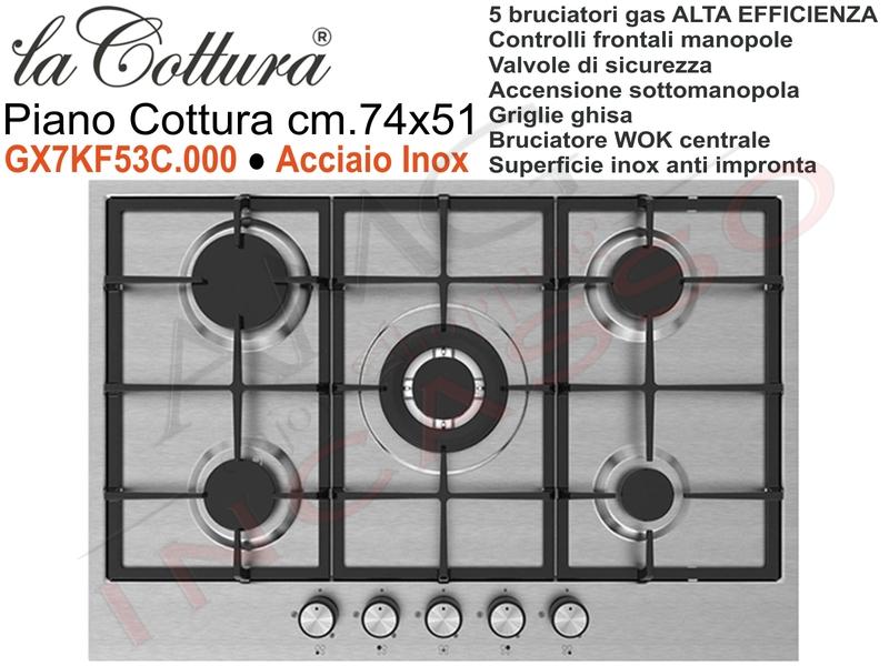 Piano Cottura Slim Line Alta Efficienza cm. 75 Acciaio Inox 5 Fuochi Gas Griglie in Ghisa