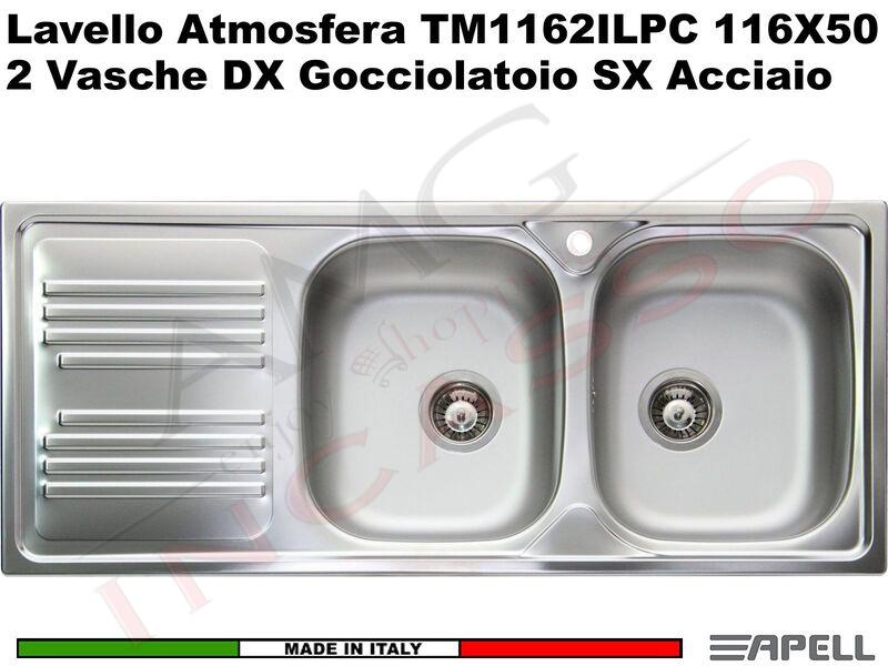 Lavello Cucina Atmosfera 2 Vasche Destre cm.116x50 Acciaio Inox Prelucido