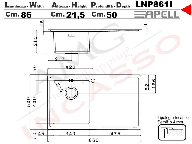 Lavello Apell Linear Plus LNP861ILBC 86X50 1 Vasca DX + Gocciolatoio SX Acciaio