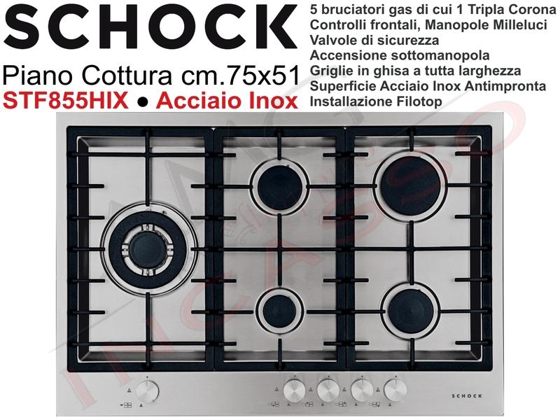 Piano Cottura Cucina Flat 5 Fuochi Gas cm.75 Acciaio Inox Griglie in Ghisa