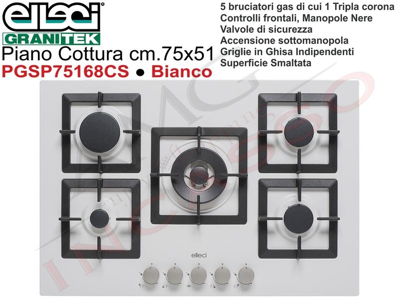 Piano Cottura Cucina Plano 5 Fuochi Gas cm.75 Bianco Griglie in Ghisa