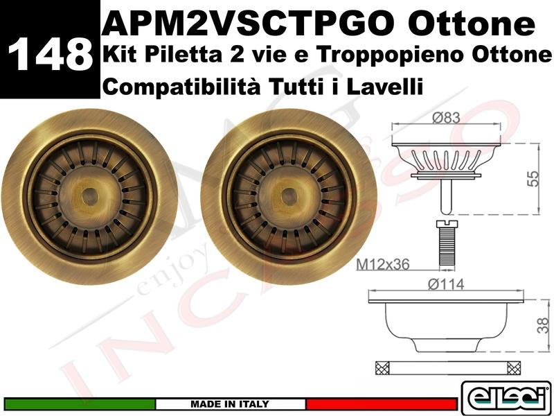 Accessorio 148 APM2VSCTPGO Piletta e Troppopieno 2 Vie da Ø 3,5" Ottone Antico
