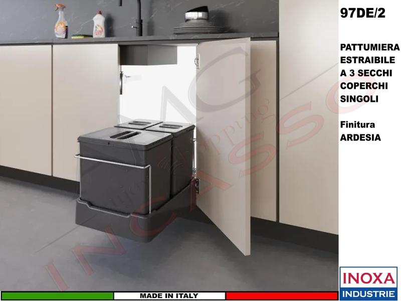 Pattumiera Estraibile Inoxa 3 Secchi Coperchi Singoli X Base 40 a 120