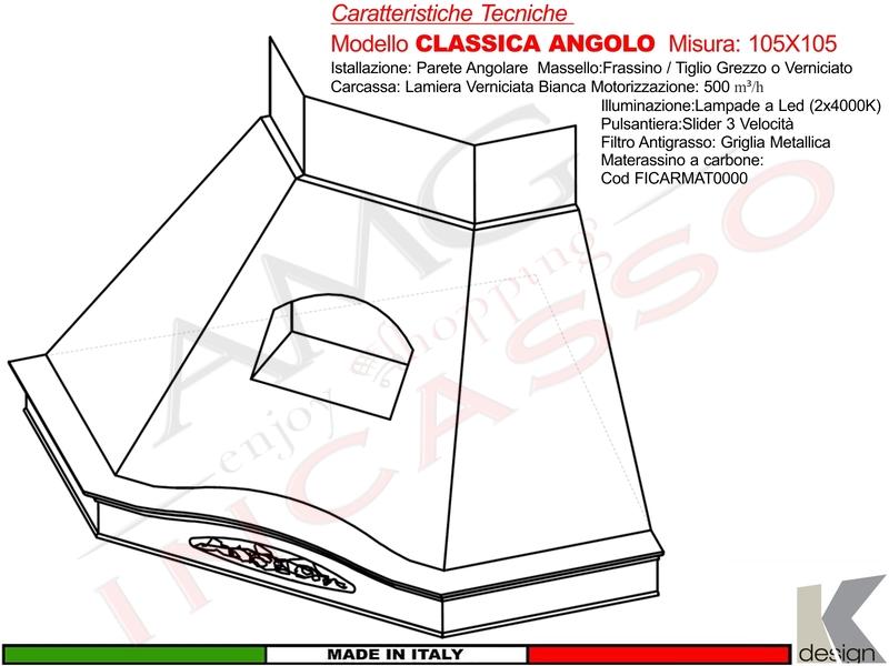 Cappa Angolare Rustica GLENDA + Nicchia e Trave Legno Frassino/Tiglio Verniciata