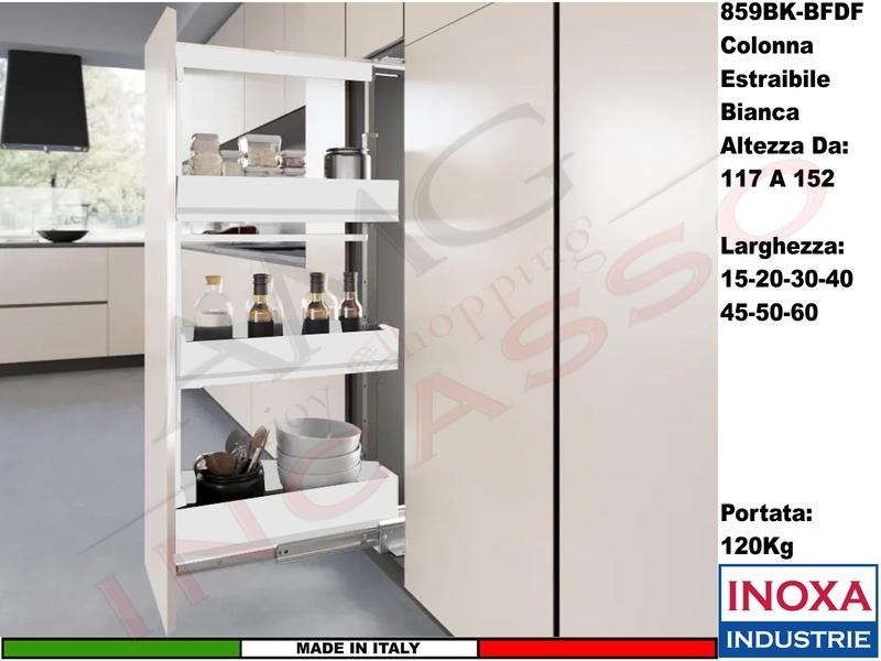 Colonna Dispensa Largh.20 859BK/20 H.da 117 a 152 Bianco e 3 Cesti Bianchi