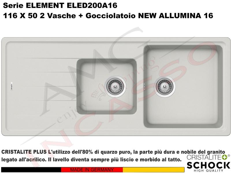 Lavello Element ELED200A16 116X50 2 Vasche + Gocciolatoio Cristalite® A16 NEW ALUMINA