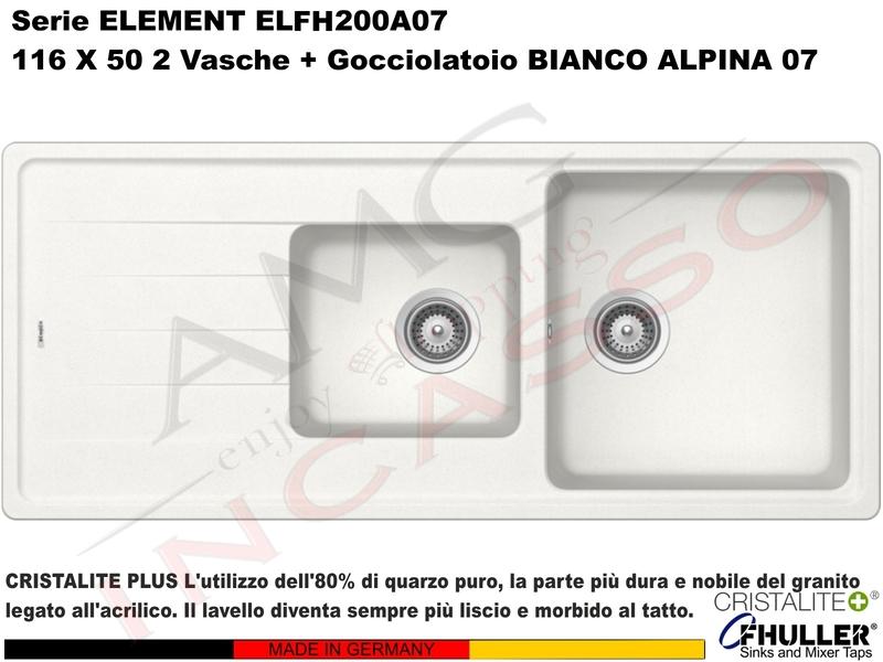 Lavello Element ELFH200A07 116X50 2 Vasche + Gocciolatoio Cristalite® A07 BIANCO ALPINA