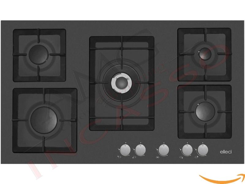Piano Cottura Cucina Plano 5 Fuochi Gas cm. 90 Nero Griglie in Ghisa