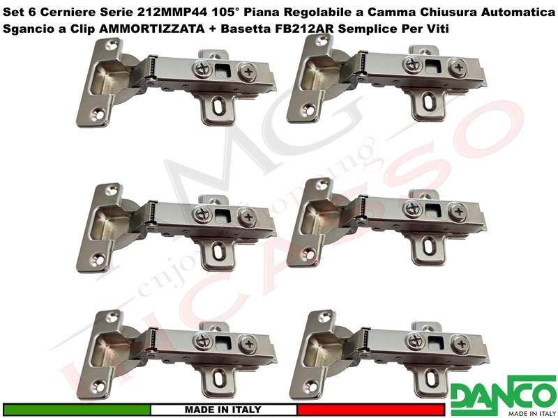 KIT 6 Cerniera Danco 212 Clip + Ammortizzata 105° Piana + Basetta 212 Semplice