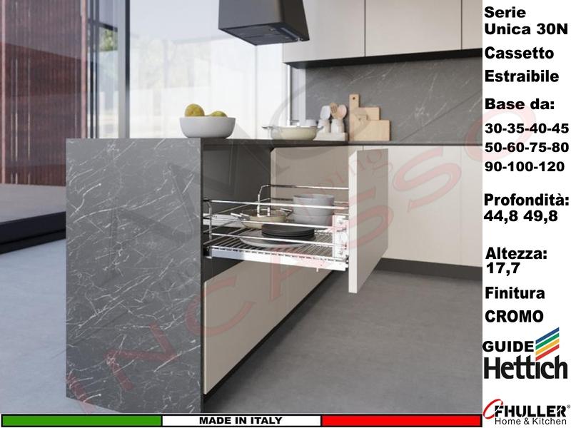 Cassetto Cestone Estraibile Cromo Serie UNICA Guide HETTICH da 30/120 Profond.45