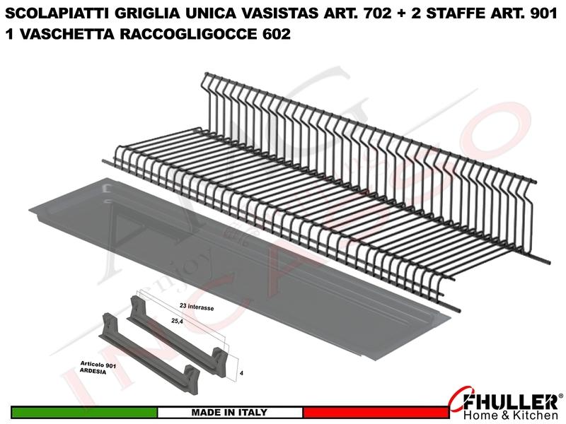 Scolapiatti VASISTAS Griglia Unica ARDESIA 702 Pensile 70 Interno 65,5 + 2 Staffe 901 + Vaschetta 602