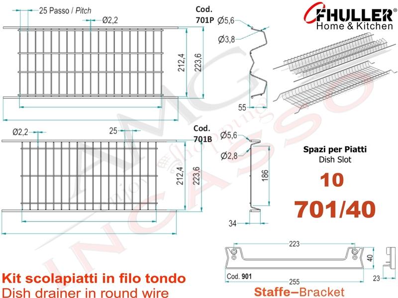 Scolapiatti INOXA-FHULLER Grigio Incasso Pensile 40 Interno 35,6 + Staffe + Vaschetta