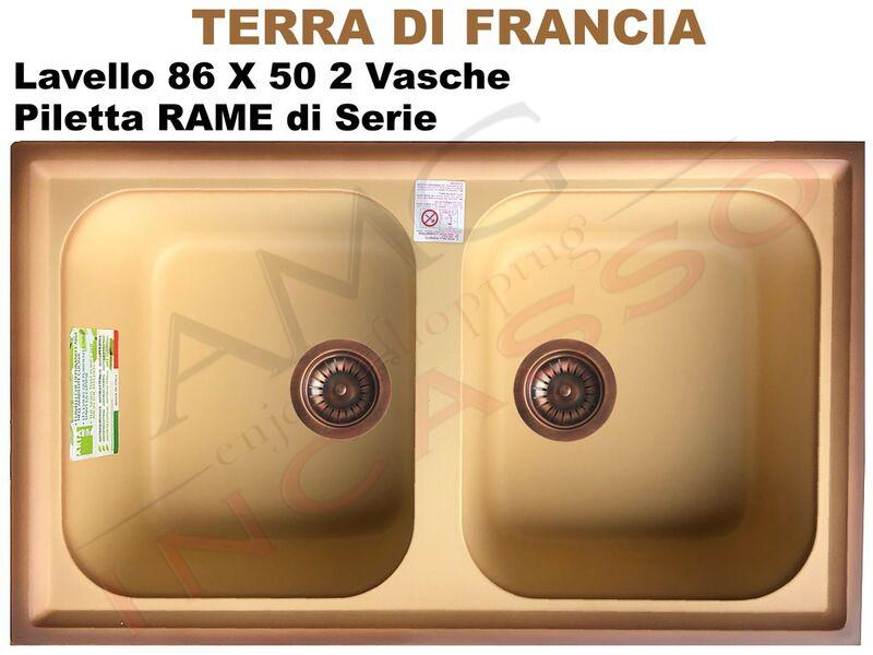 Lavello Plados Telma FT08620-02 86X50 2 Vasche Terra di Francia + Pilette Rame