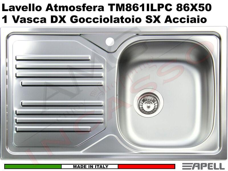 Lavello Apell Atmosfera TM861ILPC 86X50 1 Vasca DX Gocciolatoio SX Acciaio