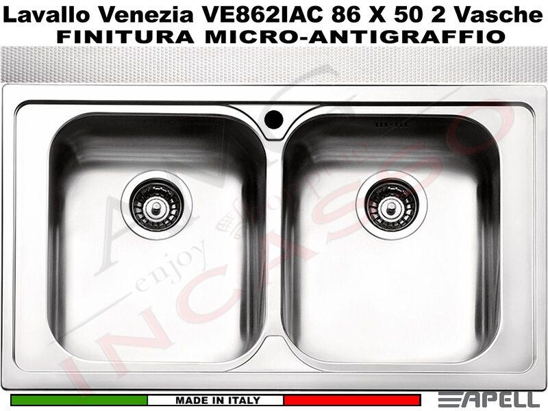 Lavello Cucina Venezia 2 Vasche cm. 86X50 Acciaio Antigraffio