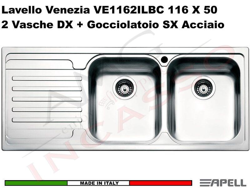 Lavello Cucina Venezia 2 Vasche Destre cm.116x50 Acciaio Inox