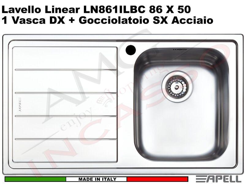 Lavello Apell Linear LN861ILBC 86X50 1 Vasca DX + Gocciolatoio SX Acciaio
