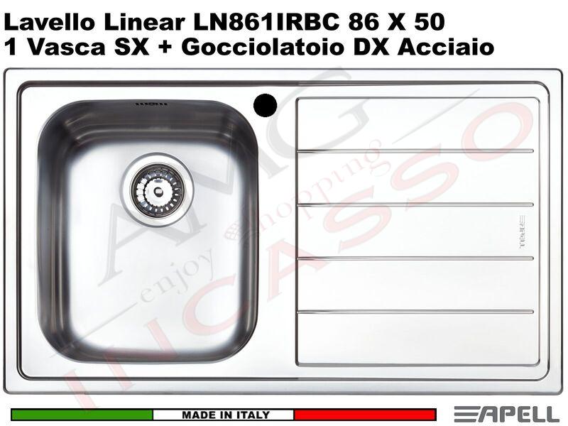 Lavello Apell Linear LN861IRBC 86X50 1 Vasca SX + Gocciolatoio DX Acciaio