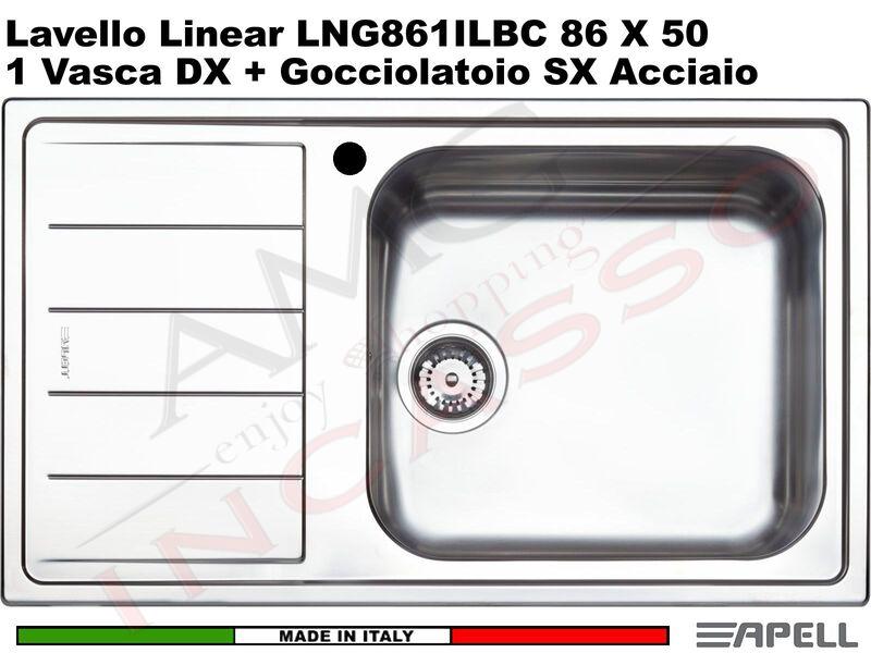 Lavello Apell Linear LNG861ILBC Maxi 86X50 1 Vasca DX + Gocciolatoio SX Acciaio
