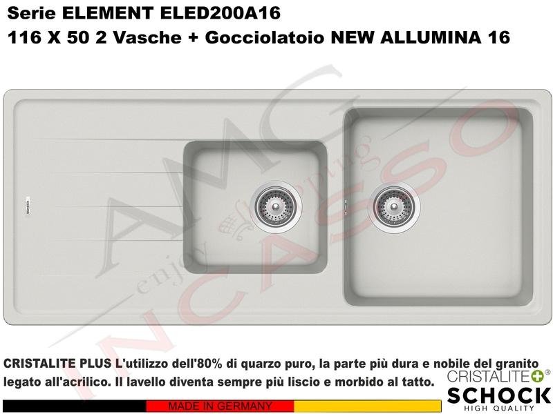 Lavello Element ELED200A16 116X50 2 Vasche + Gocciolatoio Cristalite® A16 NEW ALUMINA