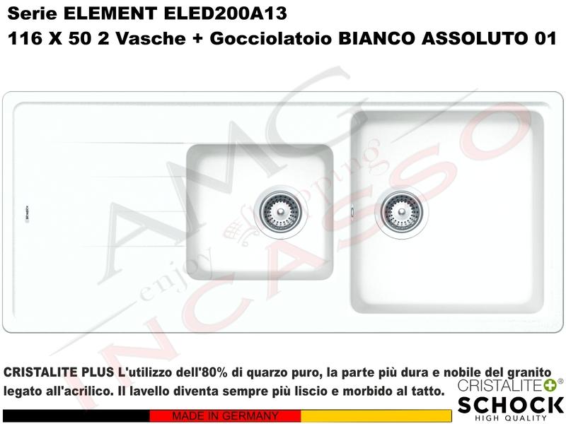 Lavello Element ELED200A01 116X50 2 Vasche + Gocciolatoio Cristalite® A01 BIANCO ASSOLUTO