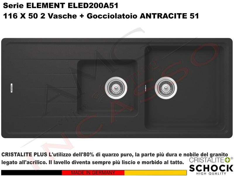 Lavello Element ELED200A51 116X50 2 Vasche + Gocciolatoio Cristalite® A51 ANTRACITE