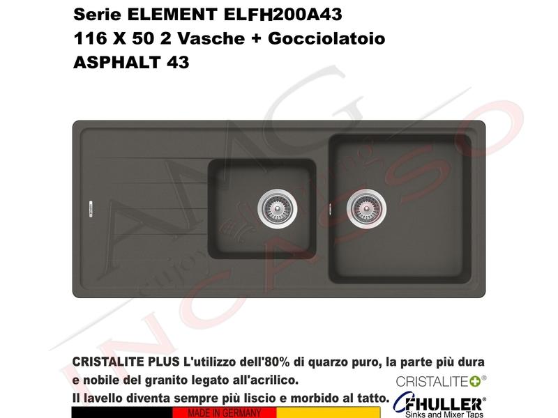 Lavello Element ELFH200A43 116X50 2 Vasche + Gocciolatoio Cristalite® A43 ASPHALT