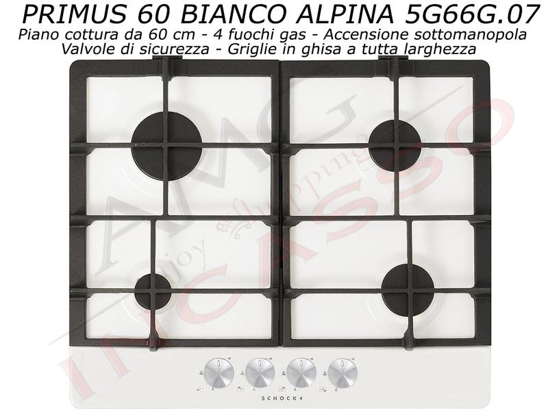 Piano Cottura Primus cm. 60 4 Fuochi Gas Bianco Opaco Satinato Griglie in Ghisa