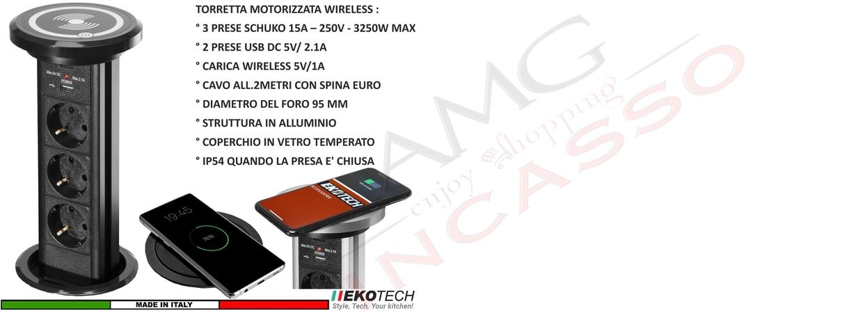 Torretta Multipresa Estraibile Motorizzata 3 Prese 2 USB Ricarica Wireless Nera